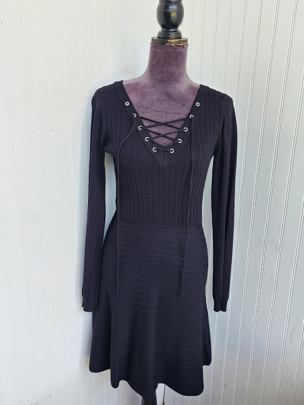 Nina Leonard Black Lace Up Skater Sweater Knit Flare Dress Size M